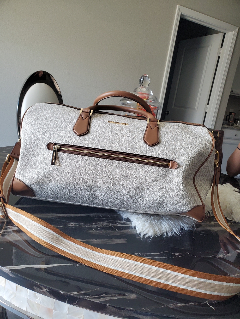 Michael Kors Cream and Tan Signature Weekender Duffel
